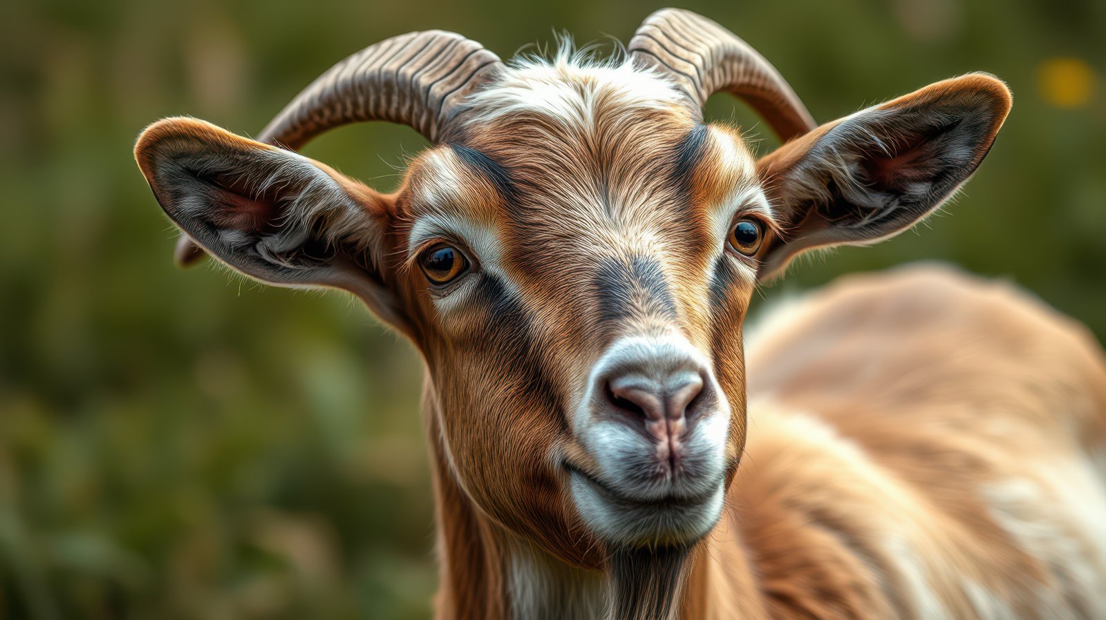 Close-up of a curious goat with prominent horns in a grassy field during daylight